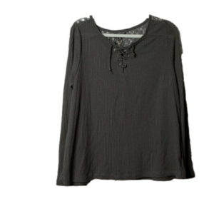 Moral Fiber 2X Lace-Up Front Waffle Knit Long Sleeve Lace Shoulder Top Gray 2X